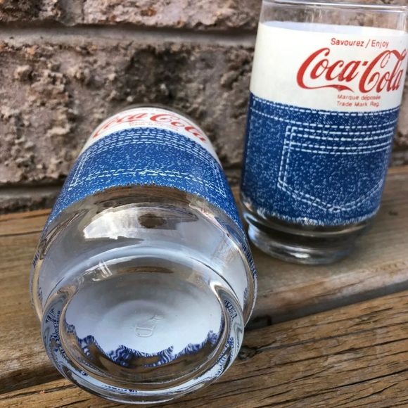 (2) Vintage, Coca-Cola, Retro. 1970’s Tumbler Glass, Denim, 5 inches Tall - Picture 2 of 2